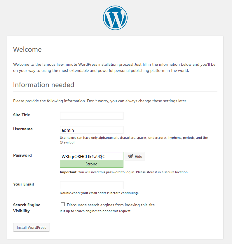 WordPress kurulum ekranı